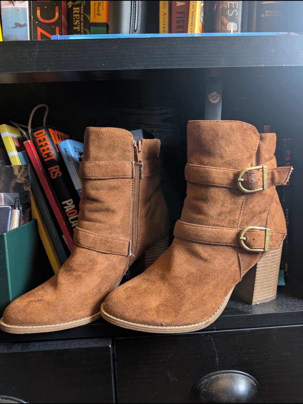 Women's Suede Buckle Ankle Boots in Cognac